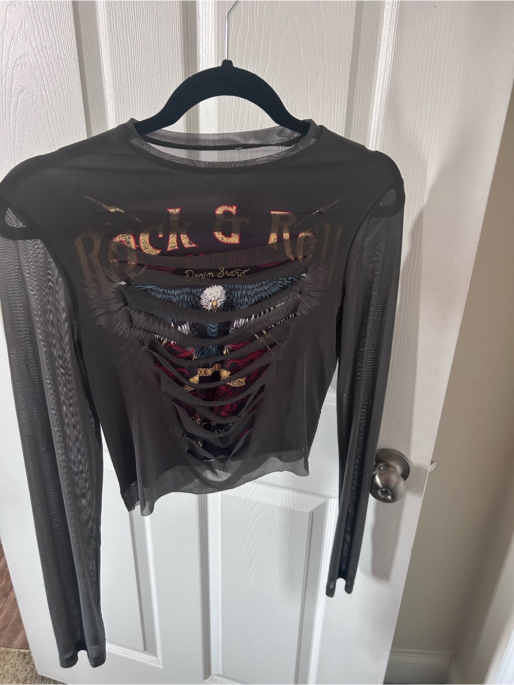 Denim&Co Black Sheer Long-Sleeve Cutout Rock Graphic Tee